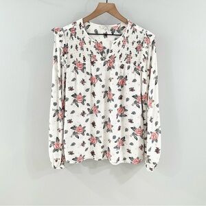 Lucky Brand Long Sleeve White Floral Smocked Blouse Size Small